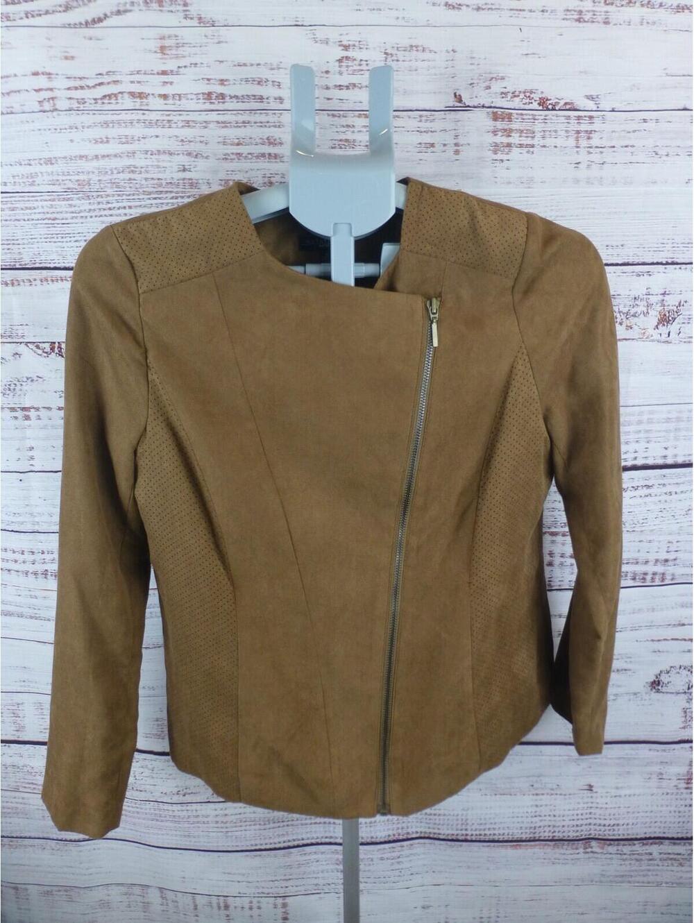 NOTATIONS Petite PS Faux Suede Asymmetrical Zip Jacket Perforated Brown G4A